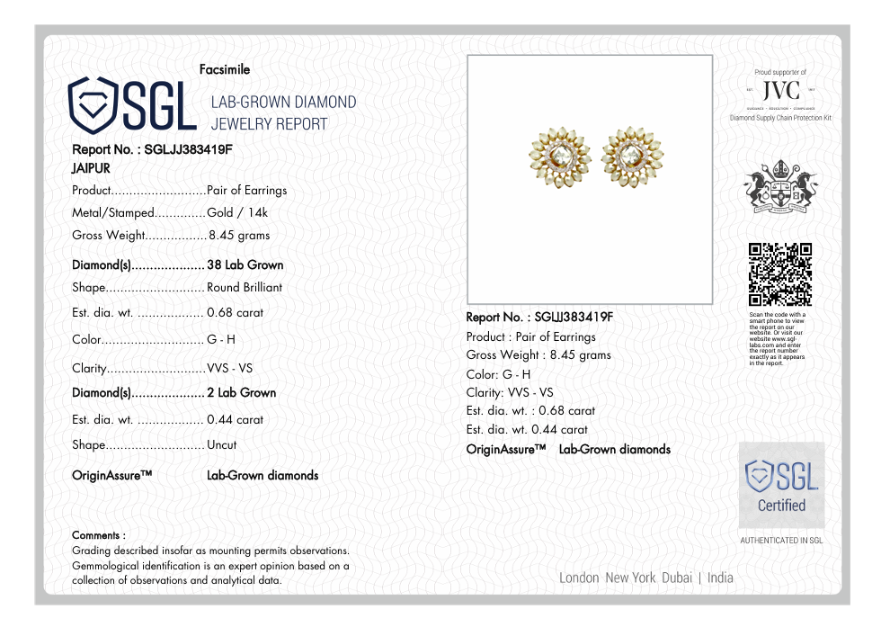 14kt Gold Polki .44ct Pearls Earrings