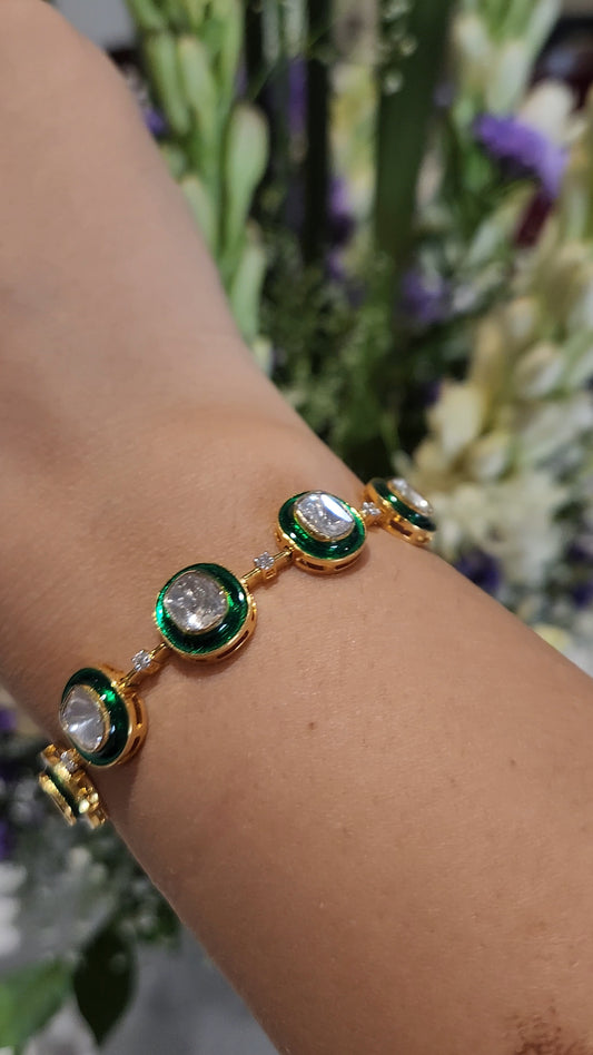 14kt Gold Green Meena Polki Bracelet/Choker